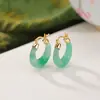 Yilu Plata de Ley S925 Jade Africano Jade Dulong Pendientes Moda Retro Pendientes Tubo Curvados Luna Pendientes de Plata con Temperamento