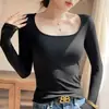 Camiseta Interior Gris de Cuello Redondo para Mujer, Top Ajustado de Manga Larga para Primavera y Otoño que se Puede Usar por Fuera, Camiseta con Escote Amplio para Principios de Otoño