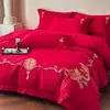[Casamento Feliz] Algodão Puro Bordado Conjunto de Casamento de Quatro Peças Capa de Edredom de Casamento Lençóis Vermelho Grande Roupa de Cama de Casamento