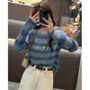 Suéter de punto a rayas degradadas con bloques de color para mujer, elegante y súper lindo, estilo casual de otoño, azul