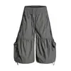 Calças de Trabalho Cropped com Cordão Plissado de Perna Larga para Homens, Design Moderno de Hip-Hop para o Verão, Shorts Largos de Cor Sólida