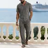 Conjunto Masculino Casual de Algodão e Linho Outonal Europeu e Americano Transfronteiriço Amazon Camisa Henley com Capuz Solta Conjunto de Calças Longas de Manga Comprida