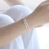 Moda Elegante y Sencilla de Estilo Japonés y Coreano, Pulsera y Tobillera Exquisitas de Plata para Mujer de Doble Capa con Dieciséis Perlas, Puramente Hecho a Mano