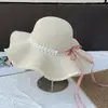 Chapéu de Palha com Laço de Renda de Borda Ondulada para Mulheres, Chapéu Trançado de Aba Larga de Verão, Chapéu de Proteção Solar para Férias na Praia