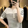 Estilo novo de verão, malha 100% algodão, 8 botões, meio aberto, gola redonda, listrado, suéter solto casual, top de manga curta para mulheres