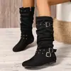 Botas Casuales Diarias con Remaches y Doble Hebilla Fruncidas, Botas de Media Pantorrilla Planas Redondas con Pliegues y Cremallera Lateral, Botas de Moda para Mujer