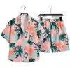 Conjunto Unisex de Camisa Floral de Manga Corta, Pantalones Casuales Retro Sueltos Estilo Perezoso, Conjunto de Camisa de Manga Corta para Hombre