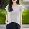 Primavera/Verano 2026 Nuevo Lino Perlado Cuello en V Borde Enrollado Tejido Manga Corta Camiseta Base Color Sólido para Mujer