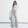 Jeans de estilo coreano 'hot girl' de dos piezas falsas en azul claro, con diseño rasgado y deshilachado, para mujer, nuevo estilo nicho de principios de otoño