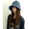 Sombrero de Pescador Cuadros Azules Estilo Japonés Vintage para Mujer con Circunferencia de Cabeza Grande, Visera Protectora del Sol, Ala Ancha, Sombrero Cubo con Lazo de Moda