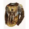 Camiseta casual masculina de manga comprida com anjo em relevo dourado segurando uma espada e abrindo as asas sobre uma base, macia e confortável para uso ao ar livre na primavera e no outono