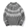 Suéter de Punto Jacquard Fair Isle Bloque de Color Otoño e Invierno Cuello Redondo para Hombre, Marca de Moda, Corte Holgado, Ropa de Punto Imitación de Visón para Parejas, Negro y Gris