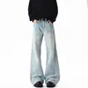 Jeans masculinos de lavagem americana azul claro com detalhes de bigode de gato e microflare vibe high street marca trendy slim reto solto calças compridas