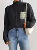 Suéter Pulóver de Punto para Mujer, Color Sólido, Cuello Medio Alto, con Bolsillos Huecos de Lentejuelas y Diseño de Retazos, Nuevo para Otoño e Invierno, Europeo y Americano, Transfronterizo