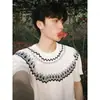 Camiseta de Verano para Hombre de Punto Fair Isle de Manga Corta, Corte Limpio Retro Americano, Textura de Alta Gama, Tejido de Punto Trenzado, Hombro Regular