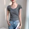 Camiseta Básica de Algodón Puro de Manga Corta Ajustada para Mujer Verano Hombro Normal Color Sólido Top Entallado Adelgazante Cuello Amplio Camiseta de Capa Base