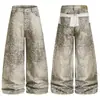 Jeans estampado de leopardo lavado e desgastado estilo retrô americano, streetwear unissex, calça casual versátil de corte solto e perna larga