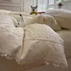 Juego de Cuatro Piezas de Gasa de Algodón Acolchado de Doble Capa con Encaje Francés, Suave y Cómodo para Dormir, Juego de Ropa de Cama de Tres Piezas para Dormitorio de Estudiantes, Sábana y Funda de Edredón