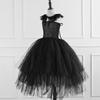 Vestido de Bruja Alto y Bajo para Niños Disfraz de Cosplay de Halloween para Actuación Vestido de Malla Negra Falda para Niñas