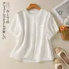 Foto Real de Camisa Casual Retro de Color Puro Simple con Cuello Redondo de Manga Media para Mujer, Top Holgado con Efecto Adelgazante 2025