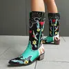 Em estoque 2026 botas femininas longas de cano alto, estilo slip-on, com salto médio e bordados, botas de montaria