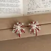 Brincos Vintage de Luxo Leve com Zircônia, Pérola e Esmalte Vermelho em Formato de Fogos de Artifício para Mulheres, Brincos Únicos e Estilosos
