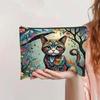 Bolsa de maquiagem vintage com estampa de gato, grande capacidade, em lona com zíper, ideal para guardar lápis e outros cosméticos.