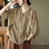 Blusa feminina de algodão e linho estilo vintage, novo modelo outono 2025, corte solto, fina, nova camisa feminina estilo chinês