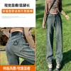 Jeans Retro de Pierna Ancha Estrecha para Mujer Verano 2025 Nuevos Pantalones Rectos de Cintura Alta Color Gris Cemento Bordados de Largo Completo