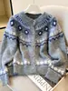 Suéter retro nórdico Fair Isle para mujer, holgado, color albaricoque, cuello redondo, cárdigan de punto, top relajado