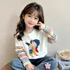 Niños Niñas 2026 Nuevo Primavera Otoño Niños Medianos y Grandes Moda Algodón Puro Rayas Falso Dos Piezas Cuello Redondo Manga Larga Camiseta Básica