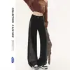 Calça Jeans Larga Estilo Americano Preta e Cinza para Mulheres, Emagrecedora, Solta, Cintura Alta, Novo Modelo 2026, Calça de Tecido Fluido com Gradiente de Cor para Primavera, Comprimento Total