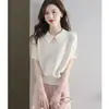 Camiseta de Manga Corta con Cuello Polo de Seda de Hielo para Mujer 2026 Nuevo Estilo de Verano Suelto Francés Bat Manga de Murciélago Top de Punto