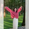 Suéter de punto suelto con cuello en V de color rojo rosa, de manga larga, para mujer en otoño e invierno, ropa exterior informal de alta gama