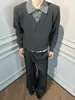 Suéter gris oscuro de imitación dos piezas con cuello en V, unisex, otoño/invierno, estilo casual y relajado, capa base de punto, top interior con cuello