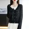 Cardigan Tricot Feminino Verão Novo 2026 Gola V Manga Longa Vazado Pompons Cor Sólida Solto Versátil Top