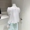 Blusa corta de nube con manga abullonada, holgada, hombros descubiertos, cuello de amarre, bordada, manga corta, estilo tejido corto de mohair blanco