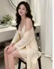 Estilo Deseo Puro Conjunto de Dos Piezas de Camisola y Bata de Seda Helada Verano Delgado Sexy Encaje Ropa de Casa Conjunto de Pijama para Mujer