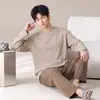 Pijamas Masculinos de Algodão Puro de Manga Comprida para Adolescentes e Estudantes para Casa, Conjunto de Duas Peças, Primavera e Outono 2025