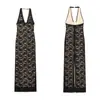 Comercio exterior europeo y americano sexy vestido de encaje jacquard con abertura en la espalda, corte ajustado, escote en V profundo, sin espalda, cuello halter