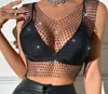Nuevo top de red con pedrería YYF Europeo y Americano para Amazon, top corto de manga corta sin espalda con pedrería y brillo para festivales de música electrónica de verano para mujer