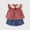 Conjunto de Vestido a Cuadros Rojo y Blanco para Niñas, Conjunto de Dos Piezas con Top y Shorts de Mezclilla, Ropa de Verano para Bebé con Bordado de Hongos