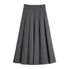 Saia de Terno Cinza para Mulheres no Outono e Inverno Tamanho Plus Size Gordinha mm Fluida Cintura Alta Cobrindo a Barriga Mostrando Linha A Plissada Comprimento Médio