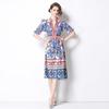 Atacado de Exportação do Sudeste Asiático Roupas Femininas-Estilo Palácio da Moda Europeia e Americana Vestido Azul e Branco com Estampa de Porcelana Gola Alta Manga Longa