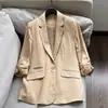 Blazer Elegante de Lino 2026 con Botón Único, Hombros Acolchados y Mangas de Tres Cuartos Fruncidas al por Mayor H19EW26967