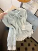 Estilo Coreano Encaje Patchwork Falso Dos Piezas Lazo Azul Suéter Mujer Otoño Invierno Punto de Alta Gama Top Tendencia