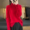 Suéter pullover vermelho gola alta estilo nacional com fecho lateral fenda ampla Casual Lã pura novo malha manga longa