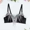 Top Cropped Ultra-Curto com Franjas e Corrente de Strass, Estilo Internacional da Moda, Ombro a Ombro, com Sutiã Embutido, Revelador do Abdômen, Costas Bonitas, Push-Up, Tubinho para Usar por Cima