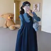 Moda Gestante Outono Inverno Novo Estilo Conjunto Fashionável Estilo Coreano Macacão Jeans Casual Soltinho Vestido Cobertura da Barriga Conjunto de Duas Peças Tendência