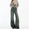 Jeans de pierna ancha estilo retro americano desgastado para mujer, nuevo estilo de verano 2026 delgado, no ajustados, pantalones ligeramente acampanados